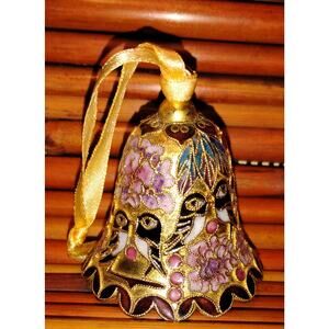 Cloisonné Enamel Bell Ornament 2.5” Vintage Birds & Flowers